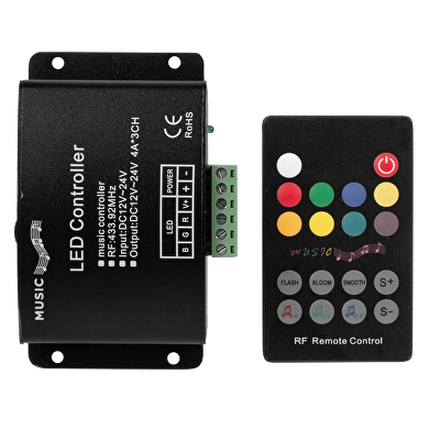 RF controlador audio para RGB LED iluminación 12А, 12-24V DC, 144W (12V), 288W (24V)