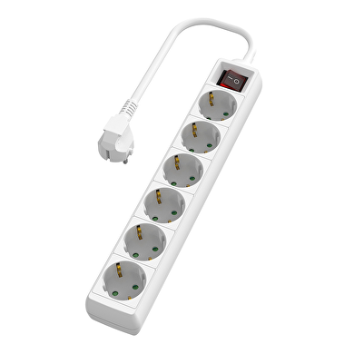 Alargador 6 enchufes Shuko,blanco, con interruptor, cable 5m