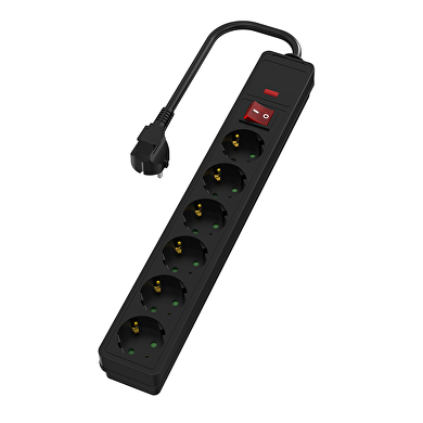 Alargador 6 enchufes Shuko, con interruptor , protección sobretensiones, 1.5m, negro