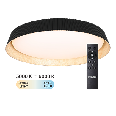 Plafón de LED dimable 3000K-6000К (ССТ), con mando a distancia , negro/madera, redondo, max.72W, IP20