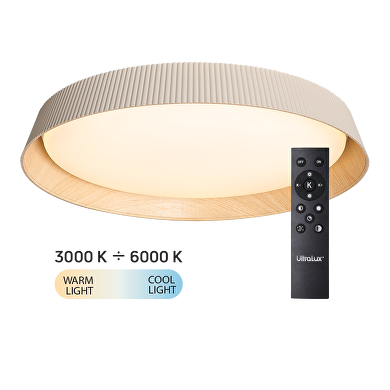 Plafón de LED dimable 3000K-6000К (ССТ), con mando a distancia , beige/madera, redondo, max.72W, IP20