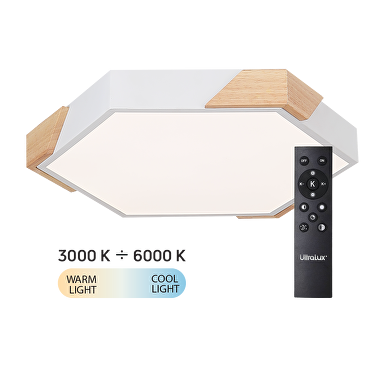 Plafón de LED dimable; Slim; ССТ3000K-6000К; max.72W;con mando a distancia, blanco/madera;hexágono; IP20