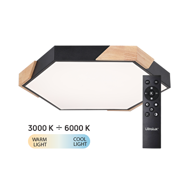 Plafón de LED dimable; Slim; ССТ3000K-6000К; max.72W;con mando a distancia, negro/madera;hexágono; IP20
