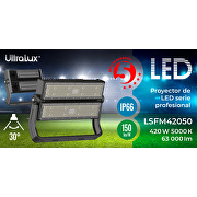 Proyector de LED 420W(serie profesional) , 5000K, 63000lm;100-277V AC, IP66, óptica 30°