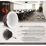 Downlight de LED 40W, 4000K(luz neutral), 220-240V AC,redondo,de empotrar, 60°, IP20,5 años de garantía